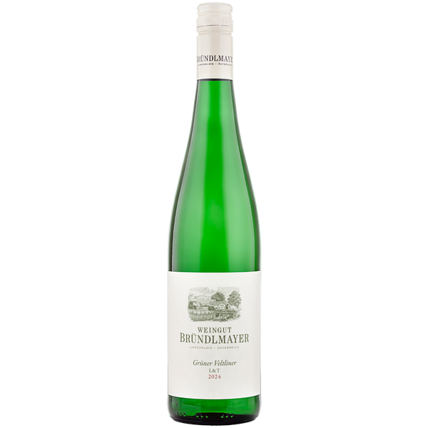 Eine grüne Flasche „Bründlmayer Grüner Veltliner L&T DAC 2025“ aus dem Kamptal mit weißem Etikett und Schraubverschluss.