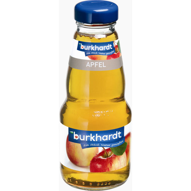 Eine Glasflasche Burkhardt Fruchtsäfte Apfelsaft Klar 0,2L (MEHRWEG) mit blauem Verschluss und Apfelbildern auf dem Etikett; ausgezeichnet und DLG geprüft.