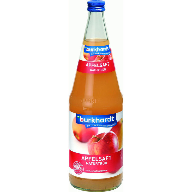 Eine 1L-Glasflasche Burkhardt Fruchtsäfte Apfelsaft Naturtrüb (6er-Pack, MEHRWEG), reiner trüber Apfelsaft mit rotem Etikett, Apfelbildern und 100% Fruchtgehalt aus Konzentrat.