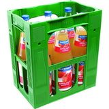 Grüner Kasten mit sechs 1L-Glasflaschen Burkhardt Apfelsaft Naturtrüb (Mehrweg), von Burkhardt Fruchtsäfte, mit roten und blauen Etiketten, aus 100% Fruchtanteil und Apfelsaftkonzentrat.
