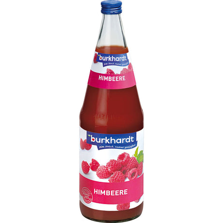Eine 1-Liter-Glasflasche Burkhardt Fruchtsäfte Himbeersaft (6er-Pack, Mehrweg) mit leuchtend rotem Saft und Himbeeren auf dem Etikett liefert authentischen deutschen Fruchtsaft und reichen Himbeergeschmack.