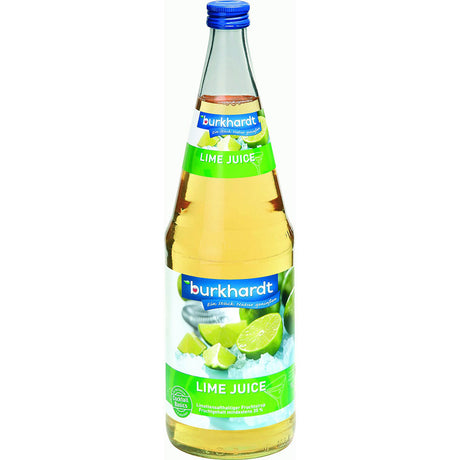 Burkhardt Fruchtsäfte Lime Juice (MEHRWEG) in der 1-Liter-Glasflasche mit grünem Etikett und Abbildungen von Limetten und Eis. Erhältlich in einem 6er-Pack.