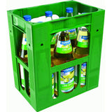 Grüne Plastikkiste mit sechs 1-Liter-Flaschen Burkhardt Fruchtsäfte Lime Juice (MEHRWEG), jede mit Limettenmotiven auf dem Etikett.