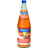 Eine 6x1L MEHRWEG-Packung Burkhardt Fruchtsäfte Multivitamin Mehrfruchtsaft mit verschiedenen Fruchtmotiven auf dem Etikett bietet einen natürlichen Fruchtmix mit vitaminreichem Saft für einen erfrischenden Kick.