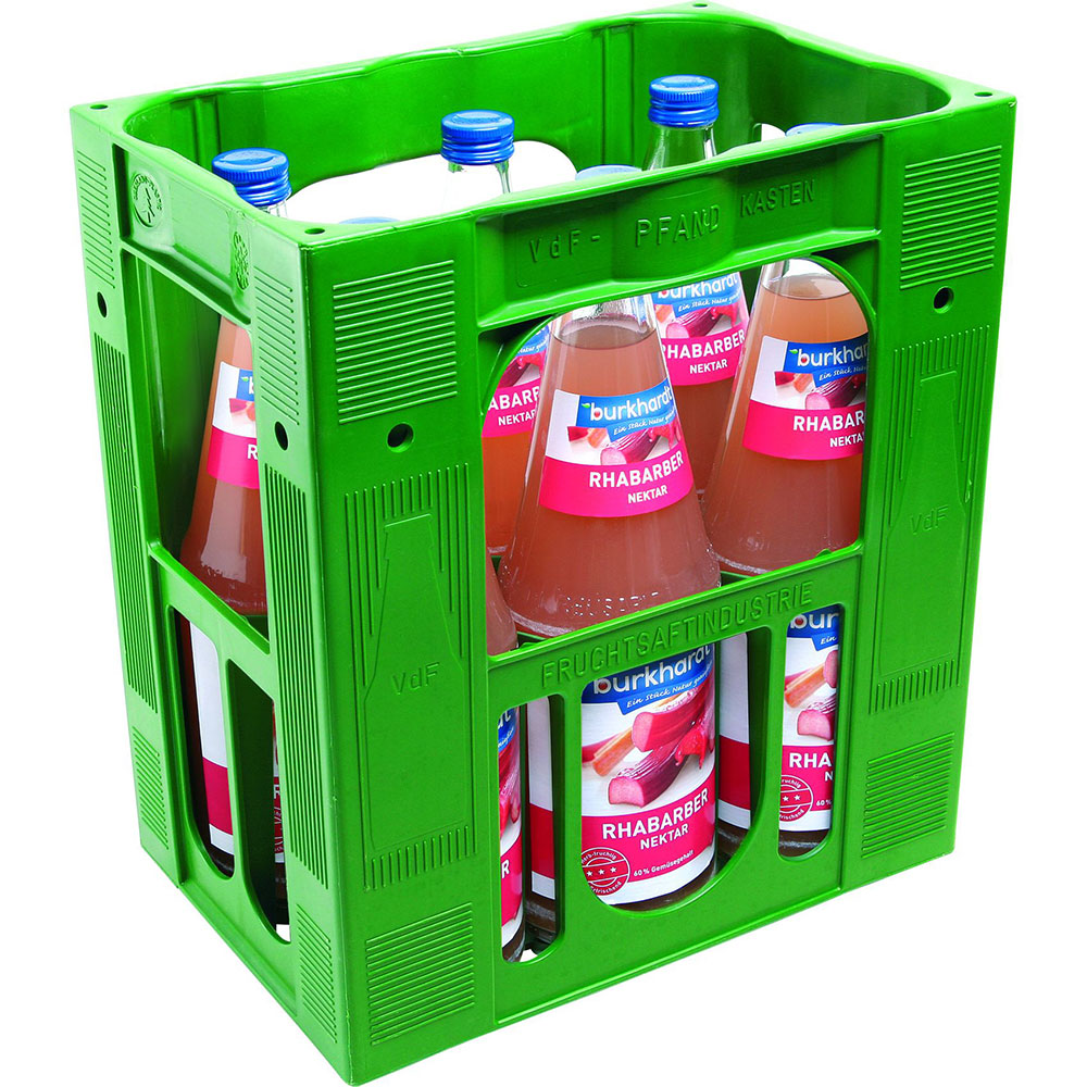 Die grüne Kiste enthält sechs 1-Liter-Flaschen Burkhardt Fruchtsäfte Rhabarbernektar (Mehrweg) - ideal für den puren Genuss oder die Zubereitung einer leckeren Schorle.