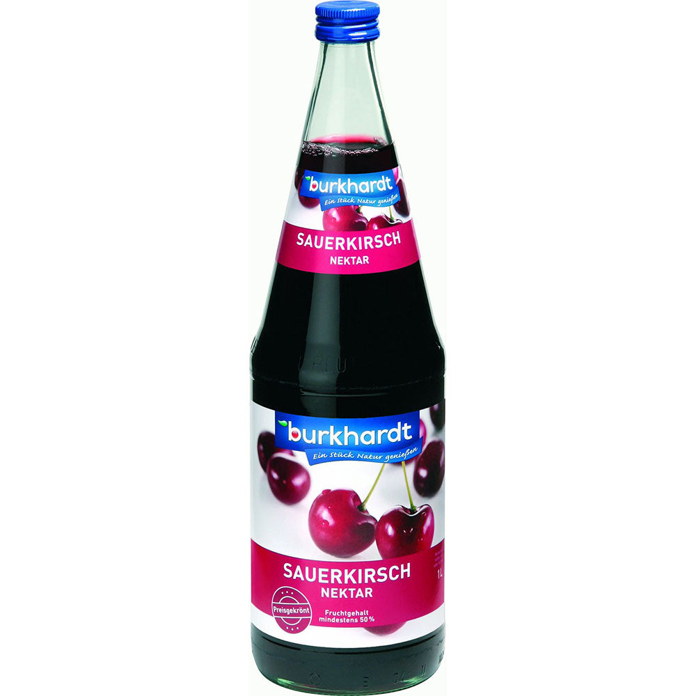Eine 1L Flasche Burkhardt Sauerkirschnektar (6er Pack, MEHRWEG) von Burkhardt Fruchtsäfte, mit saftigen Sauerkirschen auf dem Etikett und einem Fruchtgehalt von 50%.