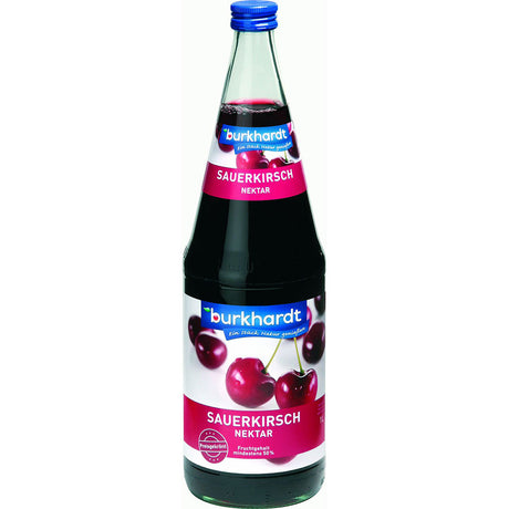 Eine 1L Flasche Burkhardt Sauerkirschnektar (6er Pack, MEHRWEG) von Burkhardt Fruchtsäfte, mit saftigen Sauerkirschen auf dem Etikett und einem Fruchtgehalt von 50%.