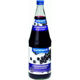Eine Glasflasche Burkhardt Fruchtsäfte schwarzer Johannisbeernektar 1L (Mehrweg), mit blauem Etikett mit Abbildungen von schwarzen Johannisbeeren und hohem Fruchtgehalt, reich an Vitamin C. Erhältlich in einer 6x 1L-Packung.