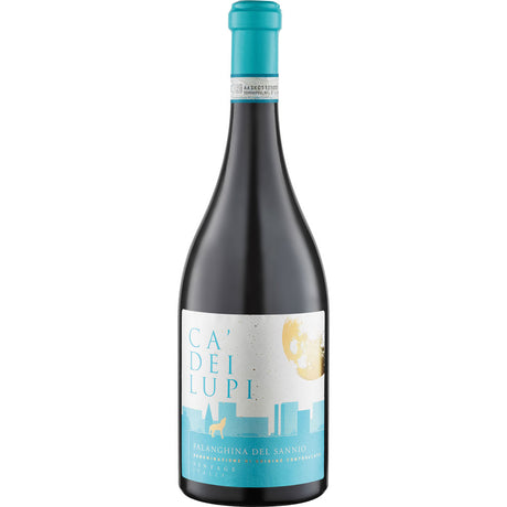 Eine Flasche Ca' dei Lupi Falanghina Del Sannio DOC 2023, ein italienischer Weißwein aus der Falanghina-Traube, mit blau-weißem Etikett.