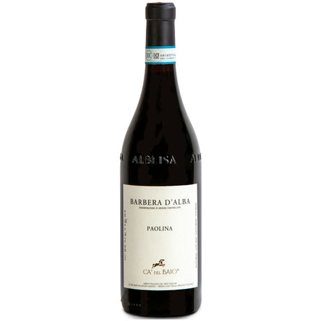 Eine Flasche Ca' del Baio Paolina Barbera d'Alba DOC 2023 von Ca' del Baio ist auf einem weißen Hintergrund dargestellt.