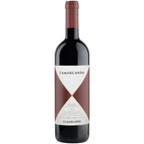 Eine Flasche „Ca’Marcanda Camarcanda Bolgheri DOC 2016“ von Ca’Marcanda mit einem geometrischen, braun-weißen Etikett, das auf weißem Hintergrund abgebildet ist.