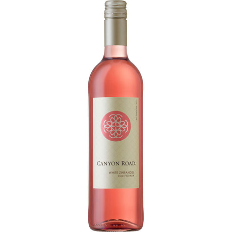 Eine Flasche Canyon Road White Zinfandel Rosé 2023, ein fruchtiger kalifornischer Roséwein der Marke Canyon Road, mit silbernem Verschluss und beigem Etikett.