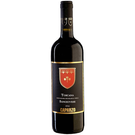 Eine Flasche Caparzo Sangiovese Toscana IGT 2024 Rotwein von Caparzo mit einem schwarzen Etikett mit goldenen Akzenten.