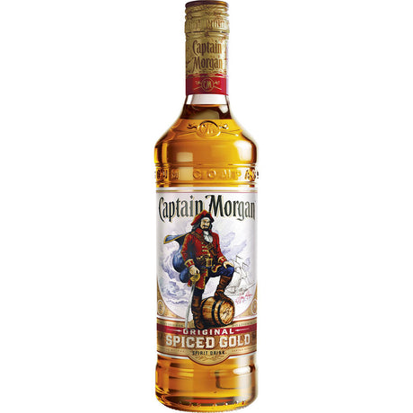 Eine 0,7-Liter-Flasche Captain Morgan Spiced Gold 35% Rum mit dem kultigen Piratenmotiv auf dem Etikett.