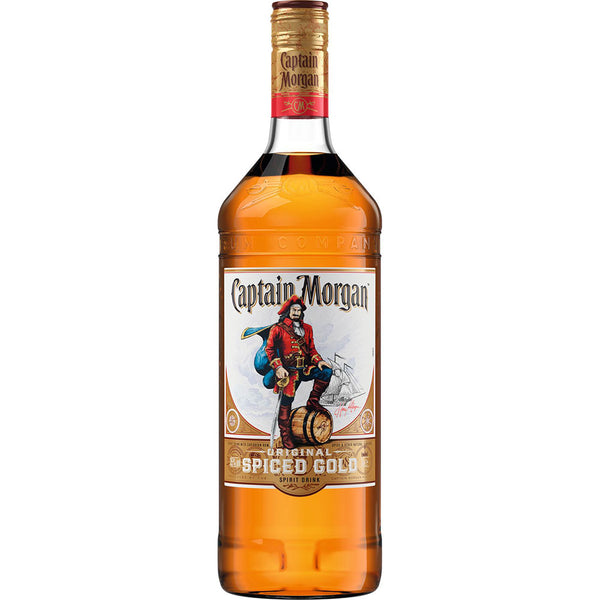 Eine 1-Liter-Flasche Captain Morgan Spiced Gold 35% von Captain Morgan, mit einer Piratenillustration auf dem Etikett.
