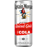 Captain Morgan Spiced & Cola 10% 0,25 Liter Dose bietet eine kühne Mischung aus gewürztem Rum und Cola in einer Dose, mit dem kultigen Captain Morgan Branding auf einem auffälligen roten und silbernen Design.