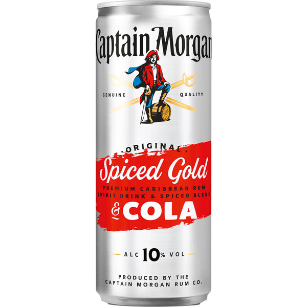 Captain Morgan Spiced & Cola 10% 0,25 Liter Dose bietet eine kühne Mischung aus gewürztem Rum und Cola in einer Dose, mit dem kultigen Captain Morgan Branding auf einem auffälligen roten und silbernen Design.