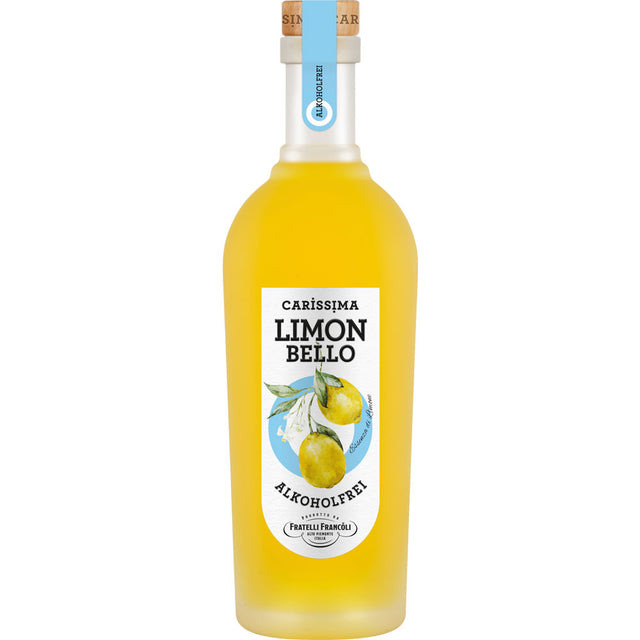 Eine 0,7-Liter-Flasche Luigi Francoli Carissima Limonbello Alkoholfrei, eine alkoholfreie Limoncello-Alternative, zeichnet sich durch gelbe Flüssigkeit und eine Zitronenabbildung auf dem Etikett aus.