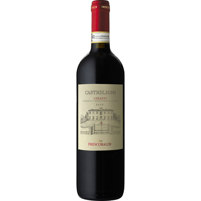 Eine Flasche Frescobaldi Castiglioni Chianti DOCG 2024, ein toskanischer Rotwein von Frescobaldi, mit cremefarbenem Etikett mit Villenmalerei, hergestellt aus Sangiovese- und Merlot-Trauben.