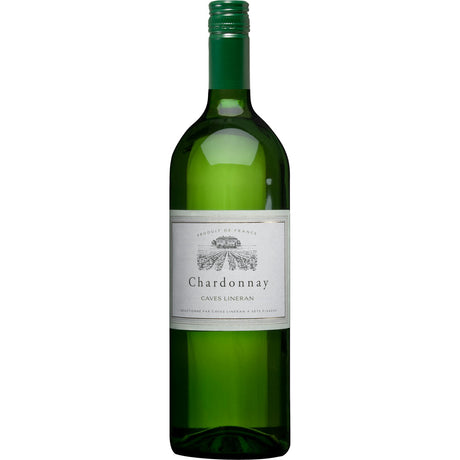 Eine 1-Liter-Flasche aus grünem Glas von Caves Lineran Chardonnay Vin de Pays d'Oc mit weißem Etikett und grünem Schraubverschluss.