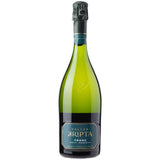 Eine Flasche „Celler Kripta Cava Franc Brut Reserva 2021“ von Celler Kripta, ein Sekt aus der Region Penedès, der nach der traditionellen Méthode Champenoise hergestellt wurde und sich durch ein dunkelgrünes Etikett sowie eine Folienkappe auszeichnet.