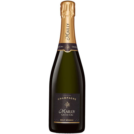 Eine 0,75-Liter-Flasche Champagne Mailly Grand Cru Brut Reserve von Champagne Mailly mit Goldfolienverschluss und schwarzem Etikett - ein eleganter Grand-Cru-Champagner aus der Montagne de Reims für jeden Anlass.