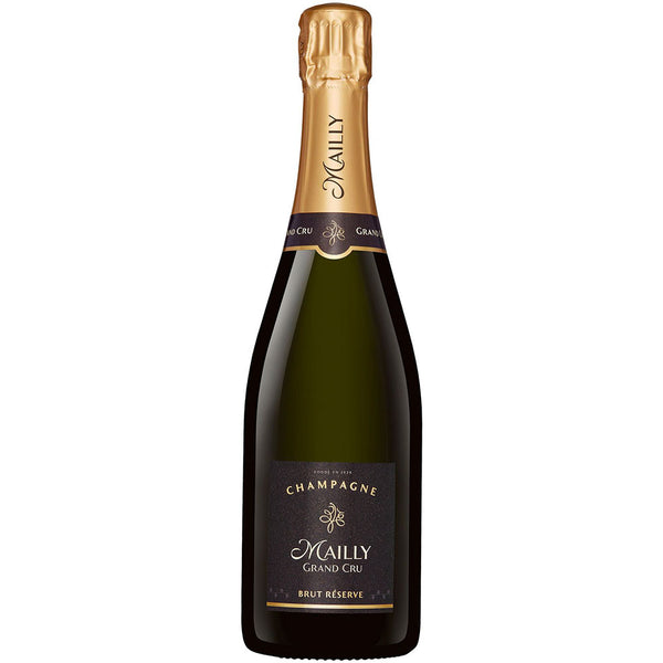 Eine 0,75-Liter-Flasche Champagne Mailly Grand Cru Brut Reserve von Champagne Mailly mit Goldfolienverschluss und schwarzem Etikett - ein eleganter Grand-Cru-Champagner aus der Montagne de Reims für jeden Anlass.
