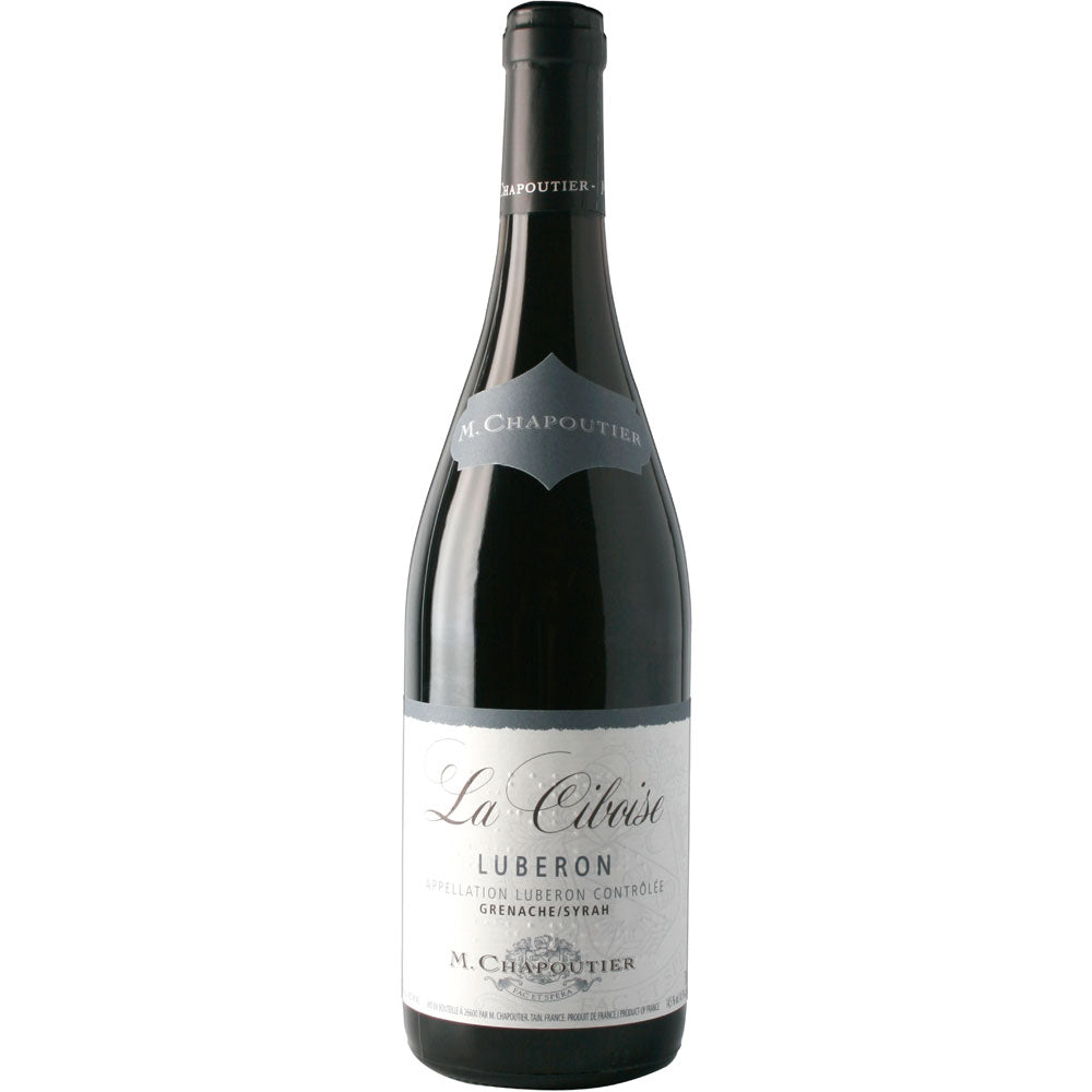 Eine Flasche M. Chapoutier La Ciboise Luberon Rouge AOP 2023, ein biodynamischer Rotwein von M. Chapoutier, mit dunklem Glas und weißem Etikett.