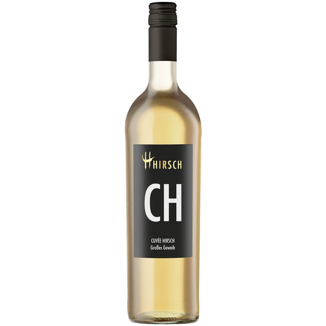 Eine klare Weinflasche mit einem schwarzen Etikett, auf dem „Christian Hirsch CH Weiss Cuvée Aged Reserve trocken“ steht. Dieser exklusive trockene Chardonnay-Weißwein von Christian Hirsch bietet als Teil der renommierten CH Weiss Cuvée Aged Reserve-Kollektion ein raffiniertes und elegantes Geschmackserlebnis.