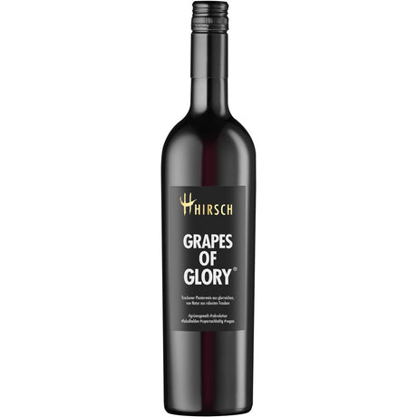 Eine Flasche Christian Hirsch Grapes of Glory Rot Cuvée trocken, hergestellt von Christian Hirsch aus PIWI-Trauben und im Barrique gereift, mit einem schwarz-goldenen Etikett auf weißem Hintergrund.