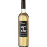 Eine Flasche Christian Hirsch Grapes of Glory Weiss Cuvée trocken, ein deutscher Weißwein von PIWI-Rebsorten, mit schlichtem schwarzen Etikett und goldenem Verschluss.