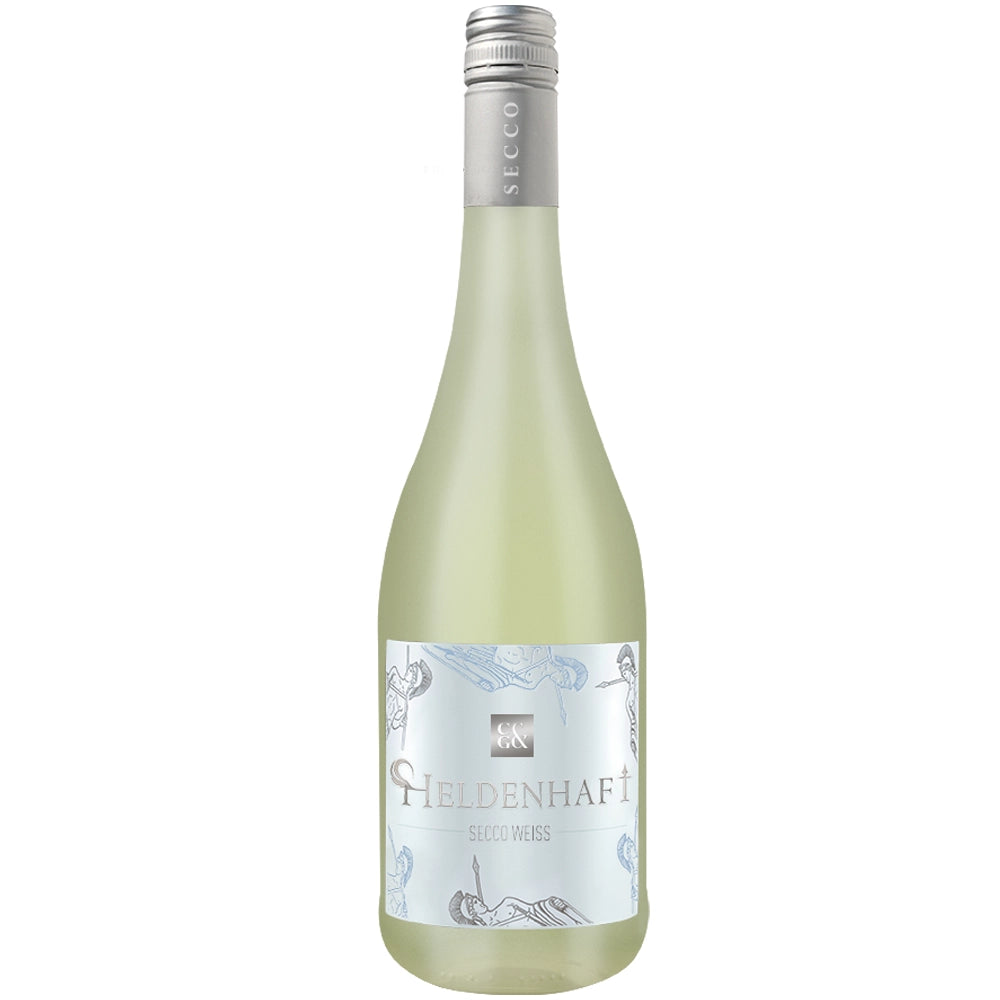 Eine Flasche „Weingärtner Cleebronn-Güglingen Heldenhaft Secco Weiß“ von Weingärtner Cleebronn-Güglingen, verziert mit einem silbernen Verschluss und einem illustrierten weiß-silbernen Etikett. Dieser fruchtige Perlwein besticht durch seinen lebhaften Charakter und seine elegante Aufmachung.