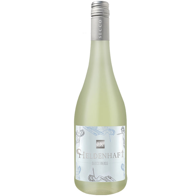 Eine Flasche „Weingärtner Cleebronn-Güglingen Heldenhaft Secco Weiß“ von Weingärtner Cleebronn-Güglingen, verziert mit einem silbernen Verschluss und einem illustrierten weiß-silbernen Etikett. Dieser fruchtige Perlwein besticht durch seinen lebhaften Charakter und seine elegante Aufmachung.
