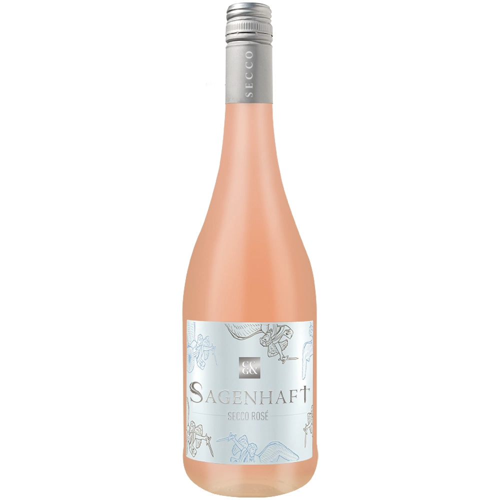 Eine Flasche „Weingärtner Cleebronn-Güglingen Sagenhaft Secco Rosé“, die sich durch ihren silbernen Verschluss und ihr weißes Etikett mit blauen Motiven auszeichnet, ist der perfekte fruchtige Aperitif, um jede Feier einzuläuten.
