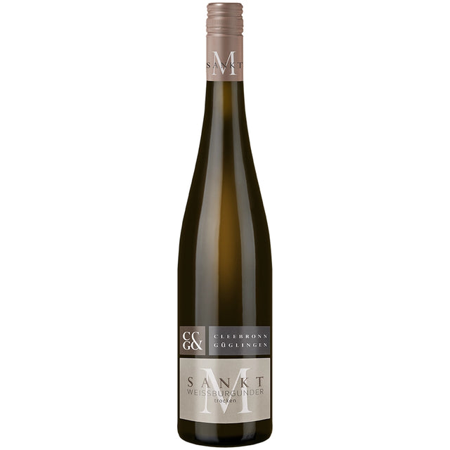 Eine hohe Flasche Weißwein „Weingärtner Cleebronn-Güglingen Sankt M Weißburgunder trocken 2025“ mit einem hellbraunen Schraubverschluss und einem minimalistischen Etikett.