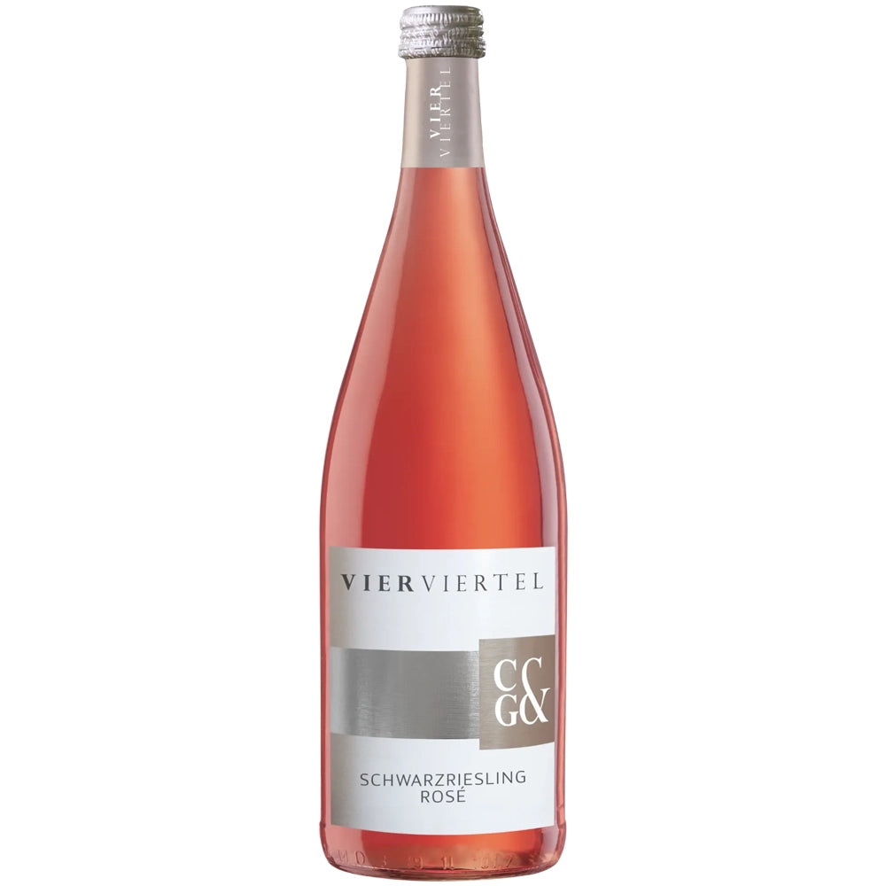 Eine 1-Liter-Flasche „Weingärtner Cleebronn-Güglingen VierViertel Schwarzriesling Rosé“ mit einem silber-weißen Etikett.
