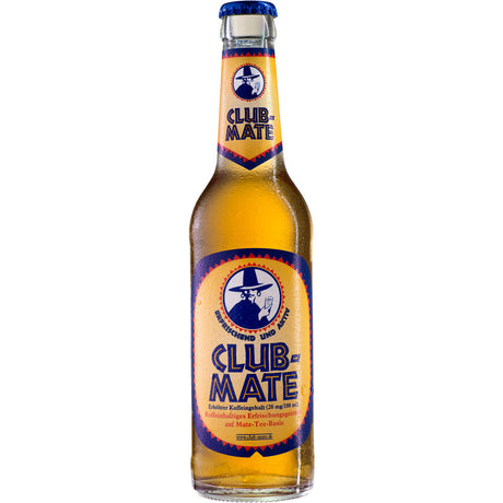 Eine Klarglasflasche Club-Mate 20x 0,33 Liter (MEHRWEG) von Club-Mate mit blauem und gelbem Etikett und blauem Verschluss.