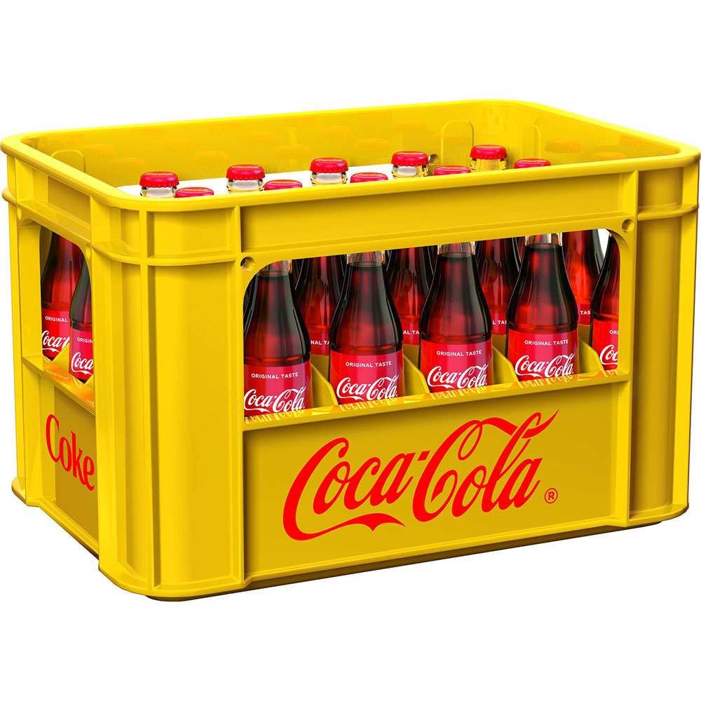 Ein gelber Kasten mit Coca-Cola Original Taste 24x 0,33L (MEHRWEG) Glasflaschen, gebrandet mit dem Coca-Cola Logo - erleben Sie den charakteristischen Geschmack in jedem Erfrischungsgetränk.