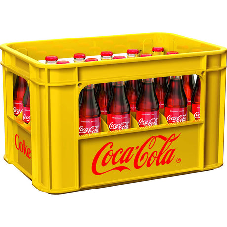 Ein gelber Kasten mit Coca-Cola Original Taste 24x 0,33L (MEHRWEG) Glasflaschen, gebrandet mit dem Coca-Cola Logo - erleben Sie den charakteristischen Geschmack in jedem Erfrischungsgetränk.