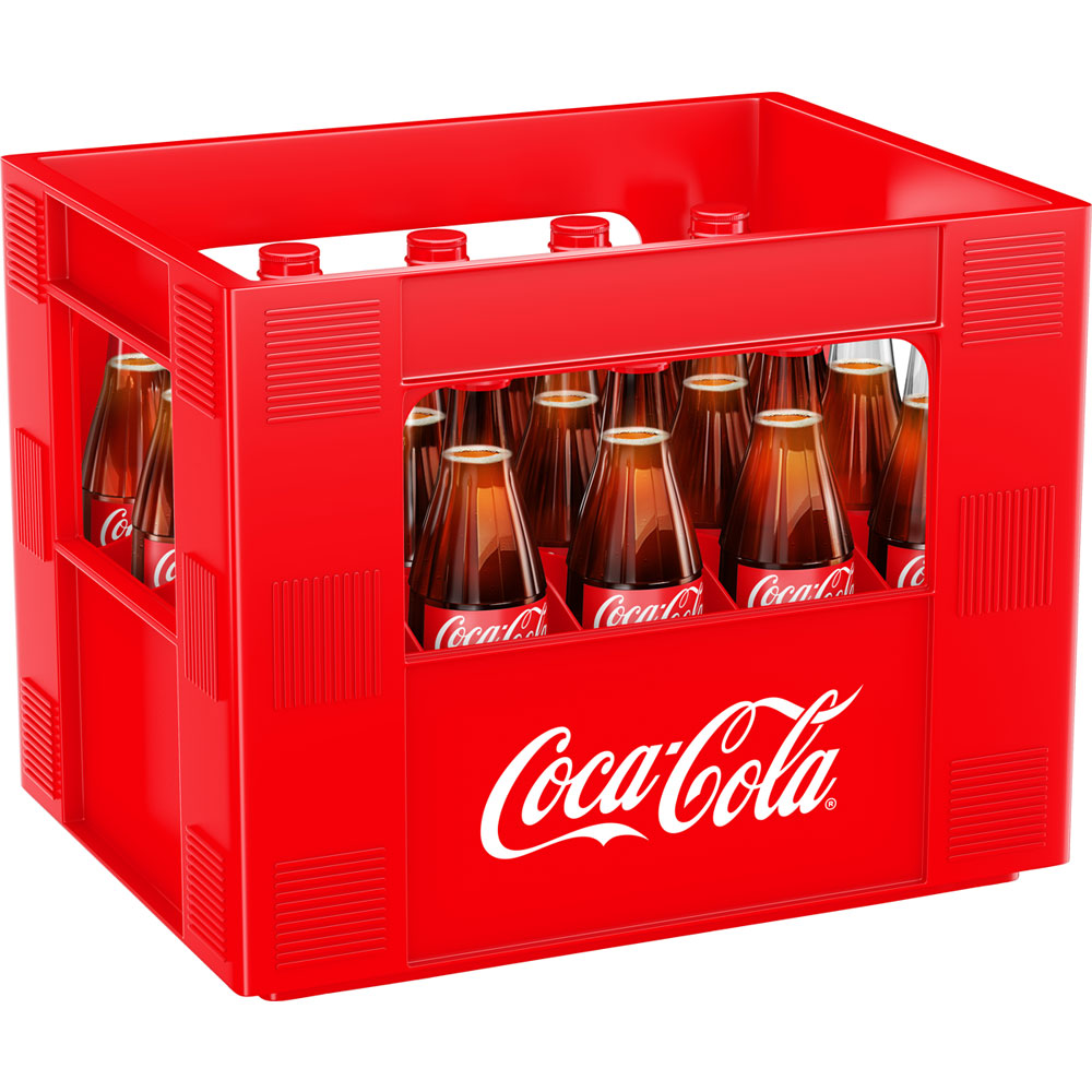 Ein roter Coca-Cola-Kasten mit weißem Logo enthält 20 0,4-Liter-Glasflaschen mit Coca-Cola-Original-Geschmack als Mehrwegverpackung.