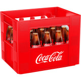 Ein roter Coca-Cola-Kasten mit weißem Logo enthält 20 0,4-Liter-Glasflaschen mit Coca-Cola-Original-Geschmack als Mehrwegverpackung.