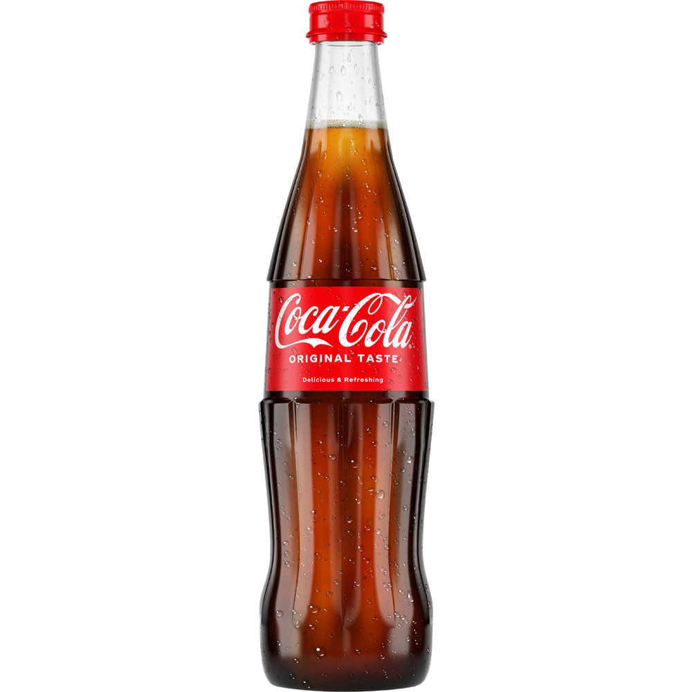 Eine Kiste mit 20 Coca-Cola Original Taste 0,4 Liter Glasflaschen (MEHRWEG), jede mit rotem Etikett und charakteristischem Kondenswasser, unterstreicht den klassischen Coca-Cola-Geschmack.