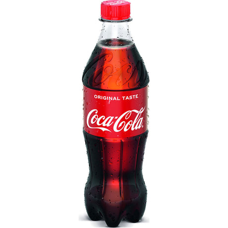 Ein 0,5L Coca-Cola Original Geschmack in PET-Flasche (Einweg), mit rotem Etikett und Deckel - erfrischend und mit natürlichen Aromen für den perfekten Genuss.