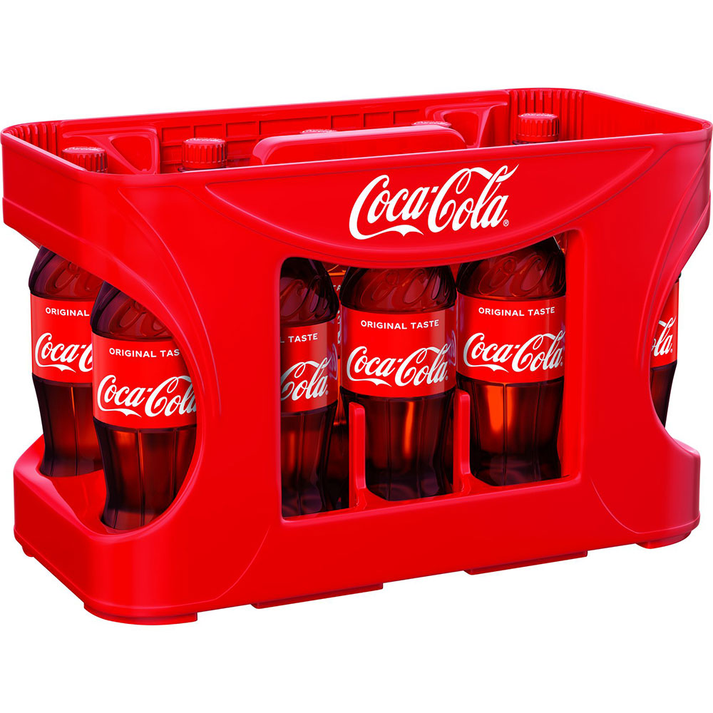 Zwölf erfrischende 0,5-Liter-PET-Flaschen mit Coca-Cola-Originalgeschmack in einer Markenpackung, von Coca-Cola.