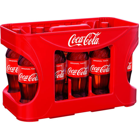 Zwölf erfrischende 0,5-Liter-PET-Flaschen mit Coca-Cola-Originalgeschmack in einer Markenpackung, von Coca-Cola.