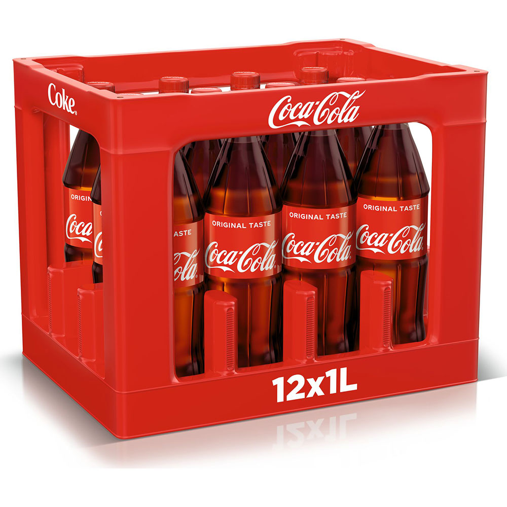 Eine rote Kiste enthält zwölf 1-Liter-PET-Flaschen Coca-Cola Original Geschmack (MEHRWEG) mit der Aufschrift 12 x 1L.