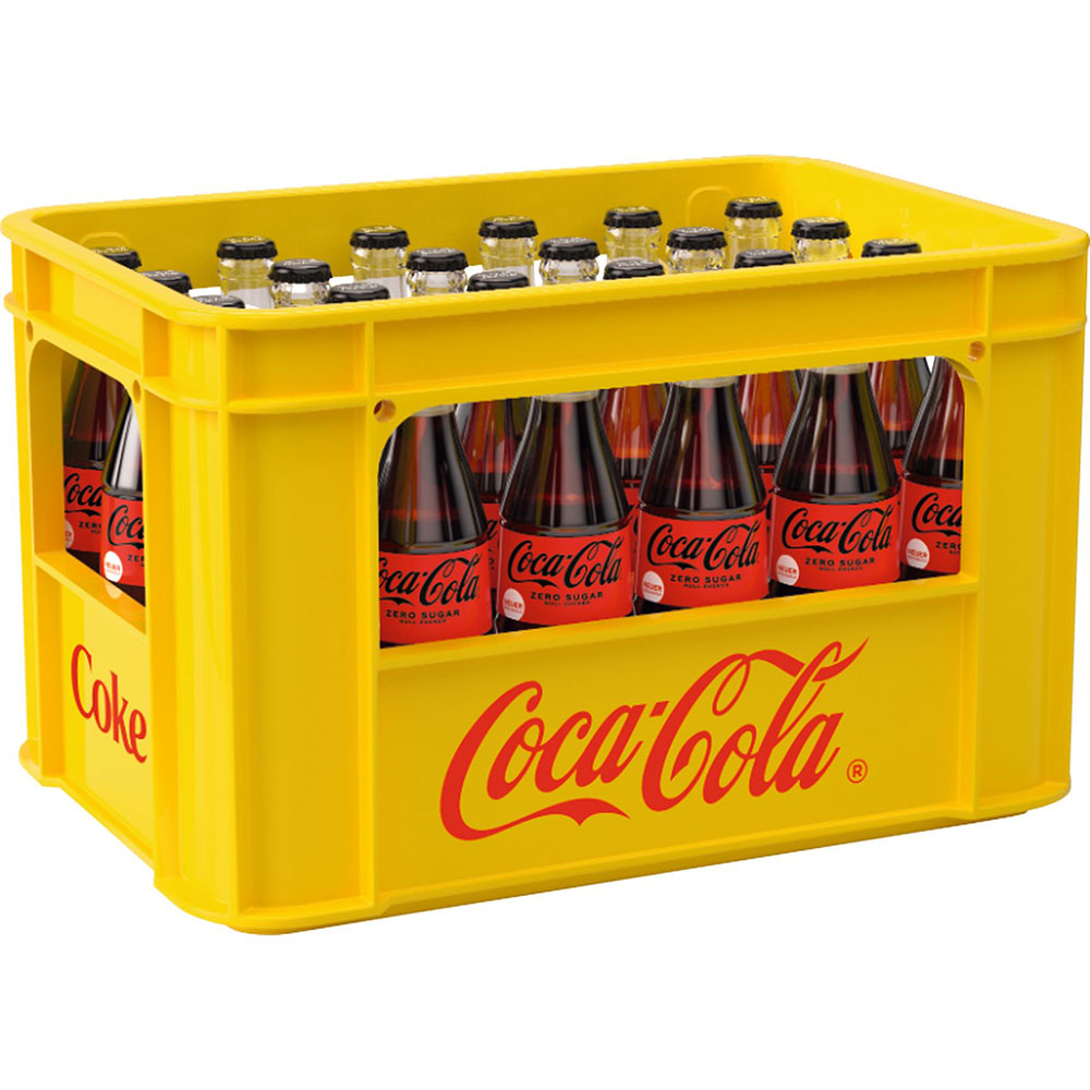 Gelber Kasten Coca-Cola Zero Sugar 24x 0,33L Mehrwegflaschen, jede mit dem kultigen roten Coca-Cola Logo - zuckerfreie Erfrischung inklusive.