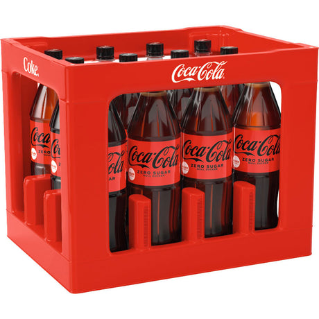 Zwölf 1-Liter-Mehrwegflaschen Coca-Cola Zero Sugar in einer roten PET-Kiste mit seitlichem Coca-Cola-Branding.