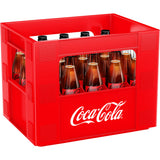 Ein roter Kasten Coca-Cola Zero Sugar 20x 0,4 l (MEHRWEG) Glasflaschen mit dem Coca-Cola-Logo an der Seite, die eine kalorienfreie Erfrischung bieten.