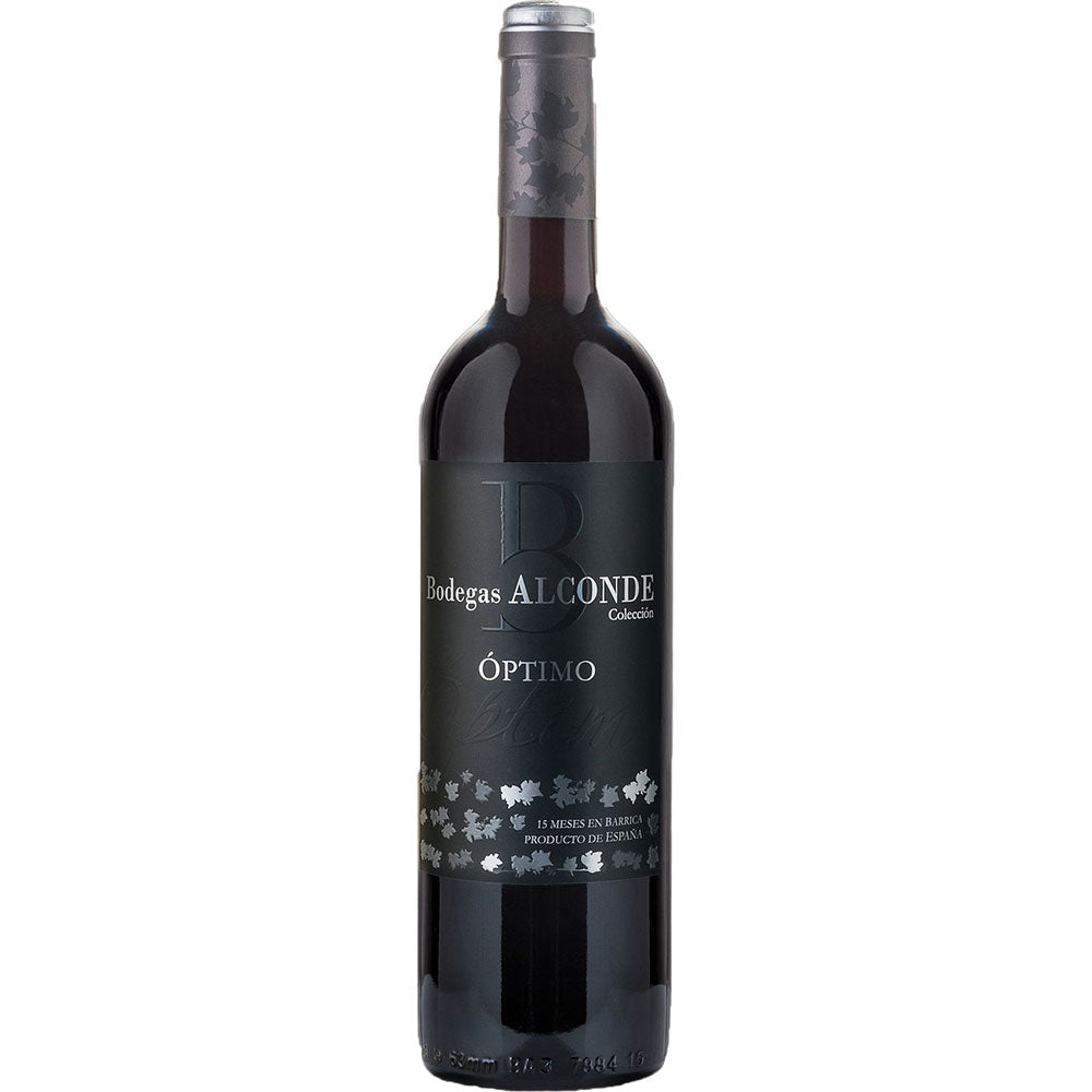 Eine Flasche Bodegas Alconde Coleccion Optimo Crianza Tinto de Navarra 2022, ein Rotwein mit schwarzem Etikett und silbernem Text, der den klassischen Tempranillo-Stil und seine Tiefe zum Ausdruck bringt.